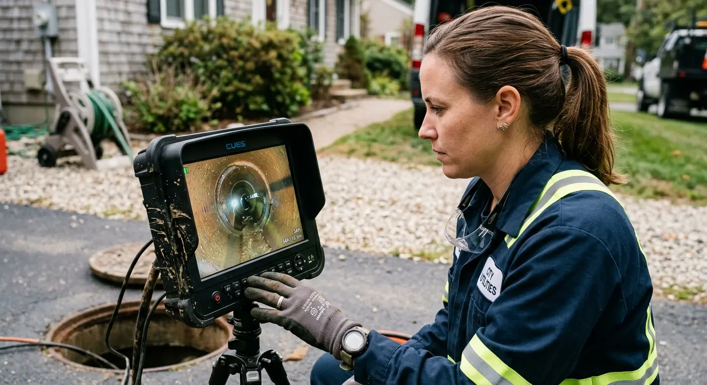 Technician reviewing sewer camera inspection footage in North Ogden