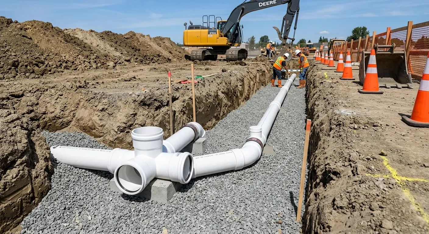 New PVC sewer pipe installation in open trench for Grease Trap Cleaning in North Ogden