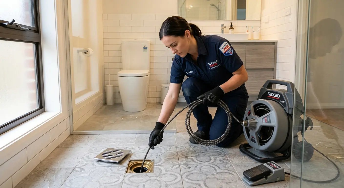 Technician clearing a bathroom floor drain for Hydro Jetting in North Ogden